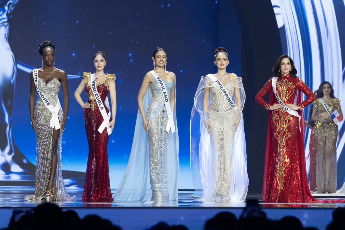 Top 5 delegate Miss Universe Cote d'Ivoire - Olivia YacÃ©, Mexico - FÃ¡tima Bosch, Venezuela - Stephany Abasali, Philippines - Ahtisa Manalo,  and Thailand - Praveenar Singh in their evening gown after judges question round during 74th Miss Universe final competition.