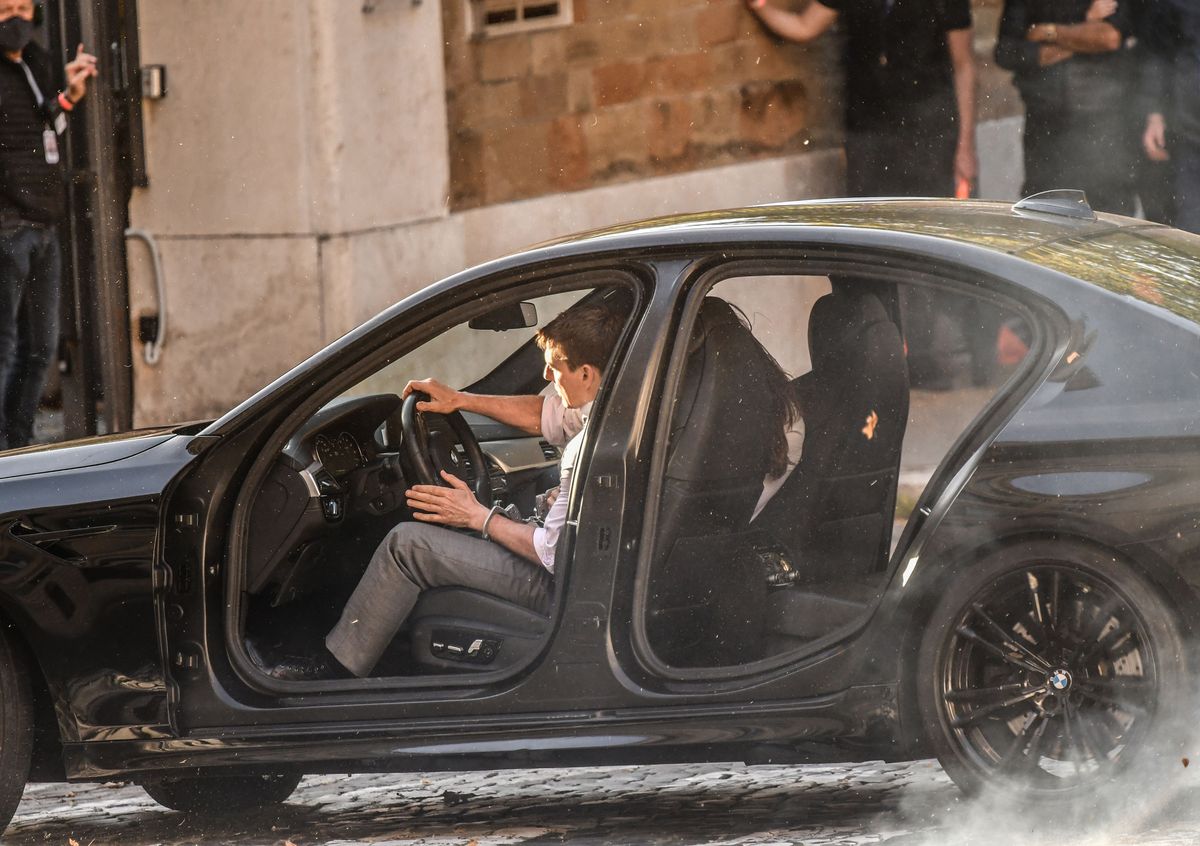 Tom Cruise performs a car stunt during the filming of "Mission Impossible : Lybra"