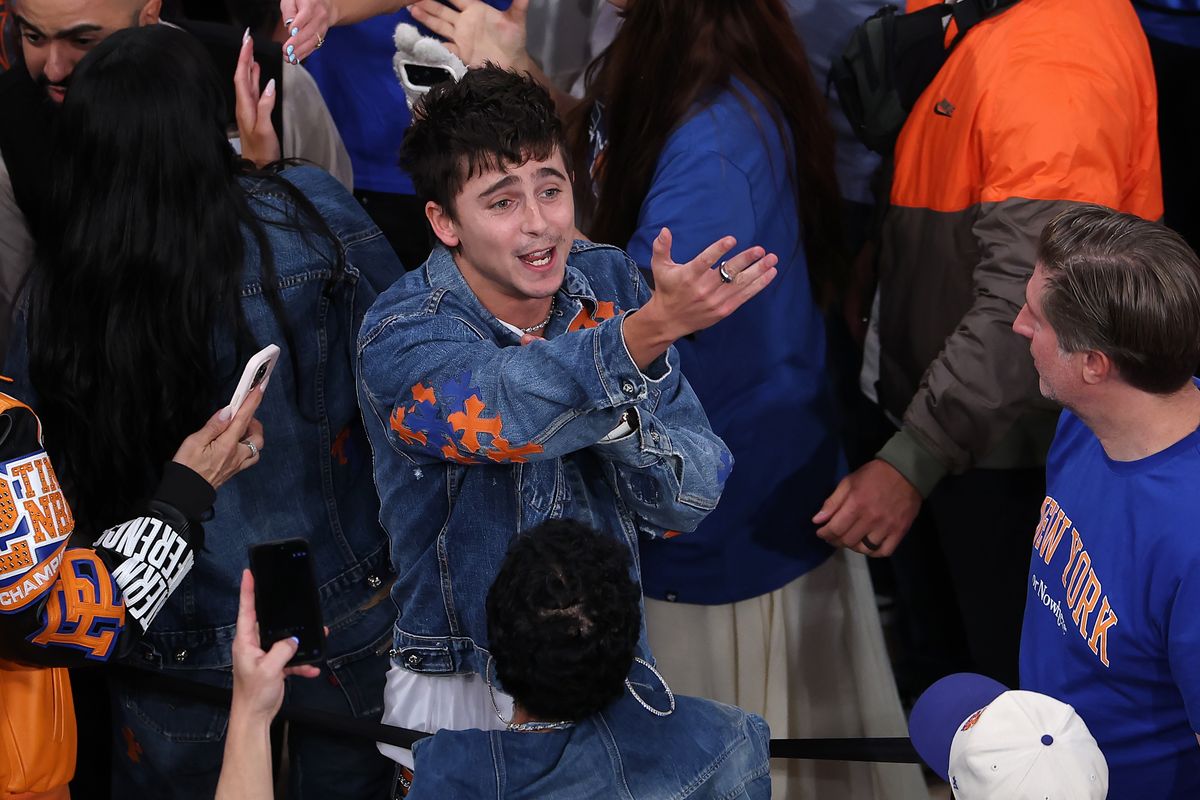 Timothee Chalamet reacts after Game Four of the 2026 NBA Finals between the San Antonio Spurs and the New York Knicks at Madison Square Garden.