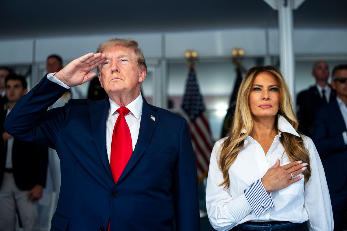 President Donald Trump and First Lady Melania Trump during the National Anthem at the start of the NTT INDYCAR Series on August 23, 2026