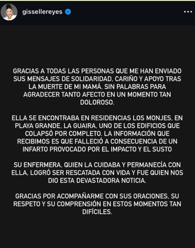 Legendary Miss Venezuela coach Gisselle Reyes revealed her mother died after Venezuela's deadly earthquake, saying she suffered a fatal heart attack during the collapse.
