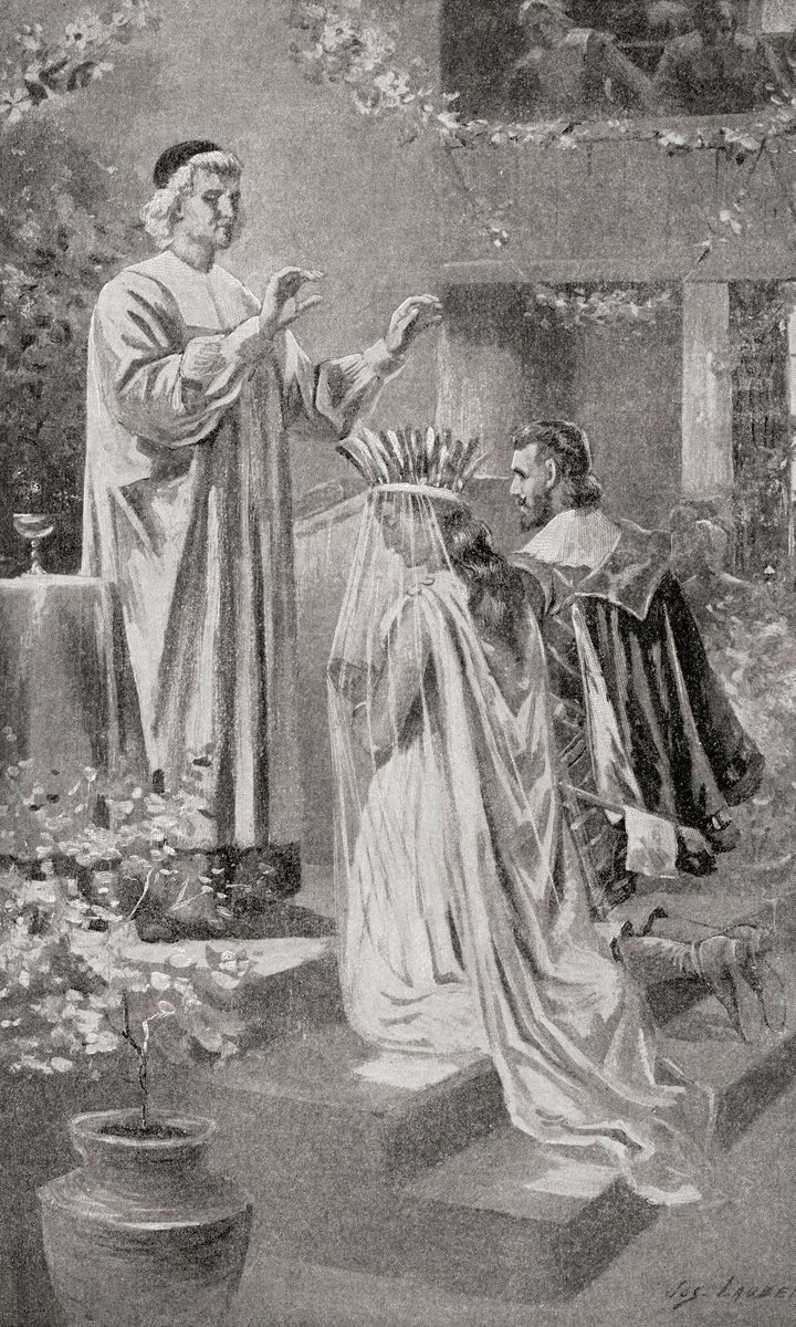 The marriage of Pocahontas and John Rolfe in 1613