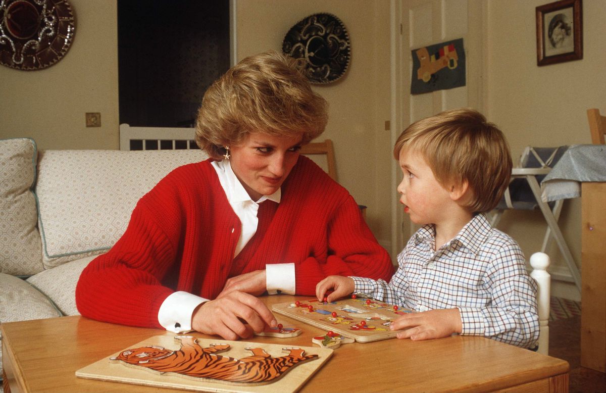 Princess Diana and Prince William in his playroom at home in Kensington Palace. 