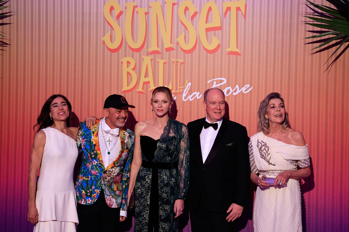 LtoR, Spanish choreographer, film director, dancer and actress Bianca Li, French fashion designer Christian Louboutin, Princess Charlene of Monaco, Prince Albert II of Monaco and Princess Caroline of Hanover 