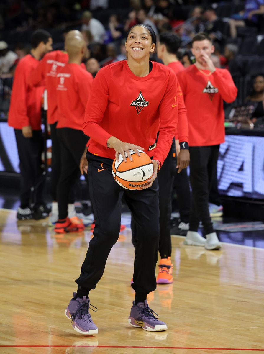 Candace Parker #3 of the Las Vegas Aces warms up before a game against the Connecticut Sun at Michelob ULTRA Arena on July 01, 2023 in Las Vegas, Nevada. T