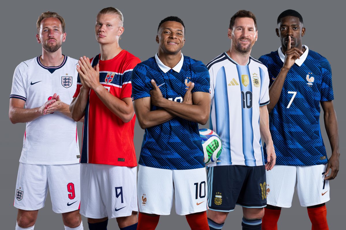 (L-R) The current Golden Boot contenders Harry Kane #9 of England, Erling Haaland #9 of Norway, Kylian Mbappe #10 of France, Lionel Messi #10 of Argentina and Ousmane Dembele #7 of France