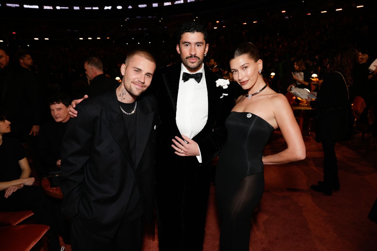 LOS ANGELES - FEBRUARY 1: Justin Bieber, Bad Bunny and Haily Bieber at The 68th Annual Grammy Awards, broadcasting live Sunday, February 1, 2026 on the CBS Television Network, and streaming live and on demand on Paramount+*. (Photo by Francis Specker/CBS via Getty Images) 