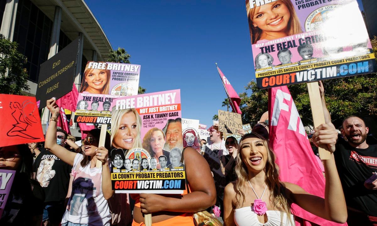 Supporters of Britney Spears gather outside courthouse in Los Angeles.