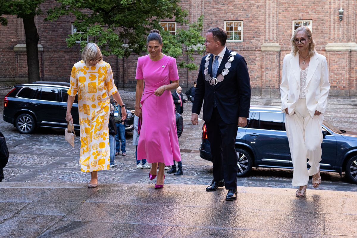 Crown Princess Victoria of Sweden attends the Stockholm Junior Water Prize Award Ceremony and is greeted by Olle Burell and Anette Scheibe Lorentzi at City Hall