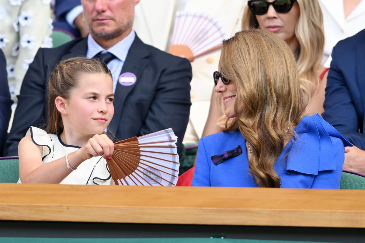LONDON, ENGLAND - JULY 13: Princess Charlotte of Wales and Catherine, Princess of Wales attend day fourteen of the Wimbledon Tennis Championships at the All England Lawn Tennis and Croquet Club at All England Lawn Tennis and Croquet Club on July 13, 2025 in London, England. (Photo by Karwai Tang/WireImage)