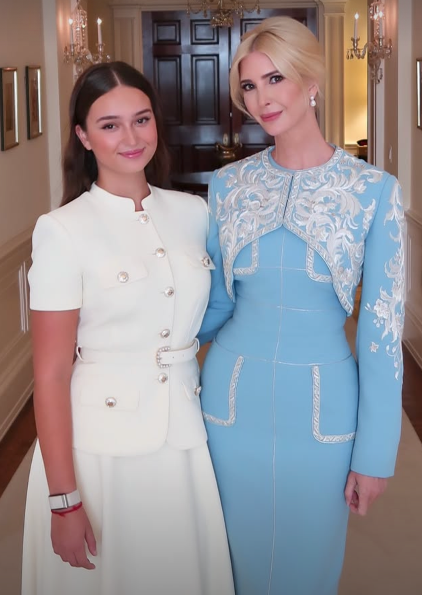 The mother-daughter duo shared a playful moment as they posed in their contrasting blue and ivory ensembles.