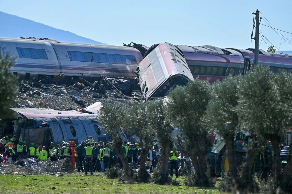 Emergency services work at the site of a train crash between a high-speed trains on the south of Madrid