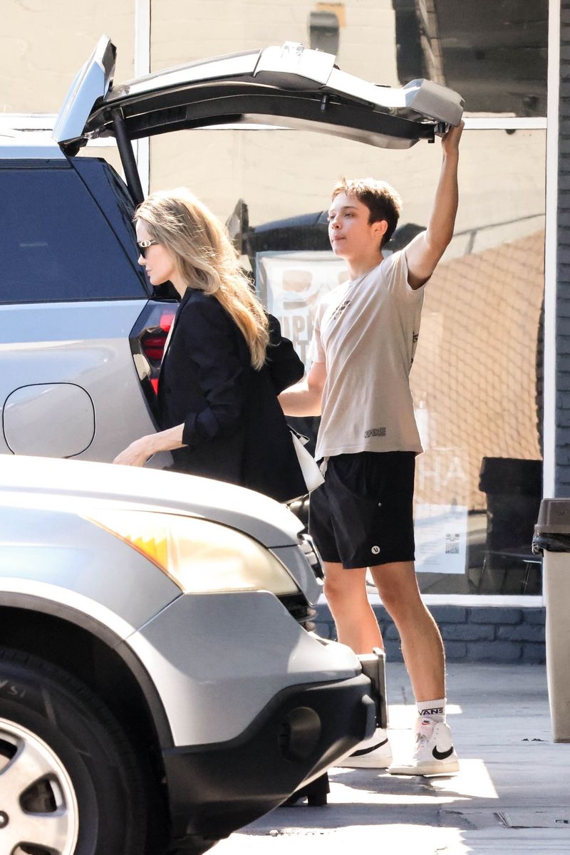 PActress Angelina Jolie was spotted shopping at a pet store with her son Knox, 15, in Los Angeles. 