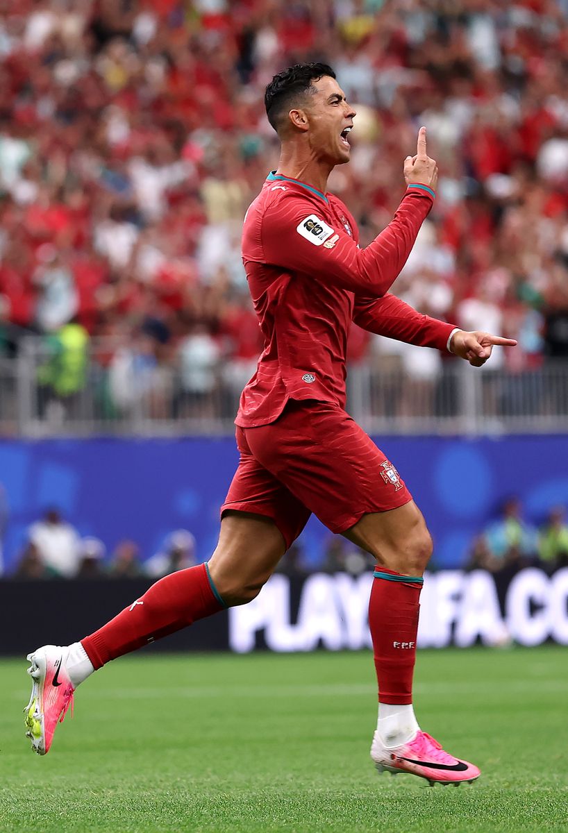 Cristiano Ronaldo #7 of Portugal celebrates scoring his team's first goal during the FIFA World Cup 2026 Group K match between Portugal and Uzbekistan