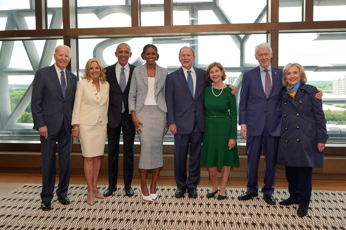 Former President Joe Biden and former first lady Jill Biden, from left, former President Barack Obama and former first lady Michelle Obama, former President George W. Bush and former first lady Laura Bush, and former President Bill Clinton and former Secretary of State Hillary Clinton
