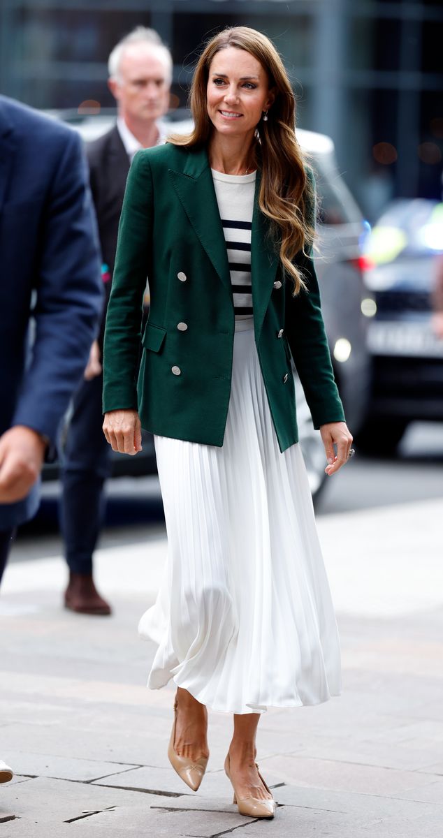 The Princess of Wales gave nautical style a sophisticated update in Glasgow on August 1, 2026, pairing a striped top and white pleated skirt with a dark green Ralph Lauren blazer.