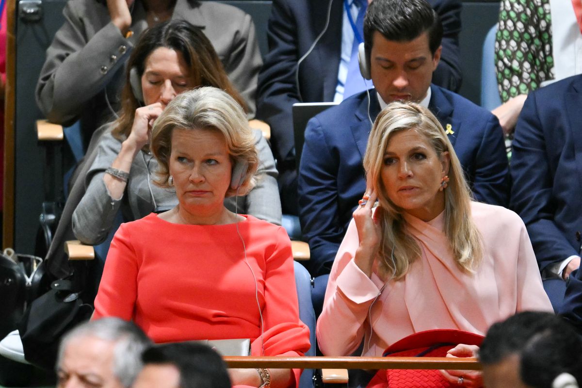 The two European queens complemented each other in shades of red and pink as they sat side by side during the UN General Assembly.