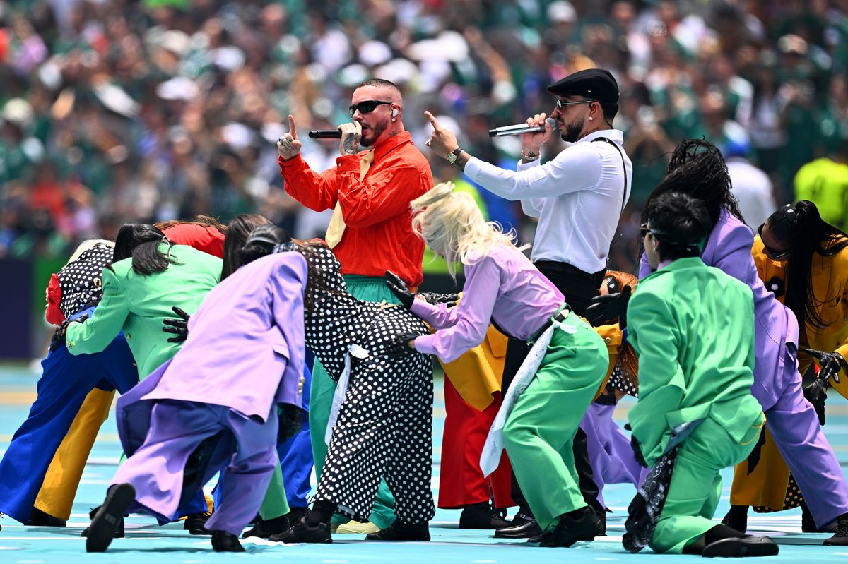 J Balvin energizes the crowd during his set at the 2026 FIFA World Cup opening ceremony in Mexico City.