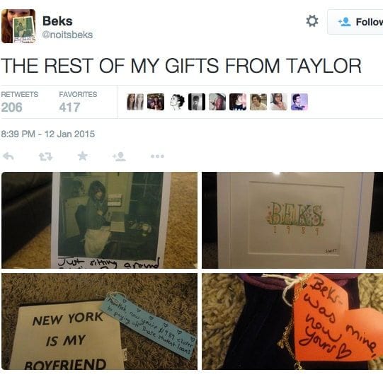 Taylor sent a care package to a young fan that included letters, a painting and a check for $1,989 to help her pay her student loans.
<br>
Photo: Twitter/@noitsbeks