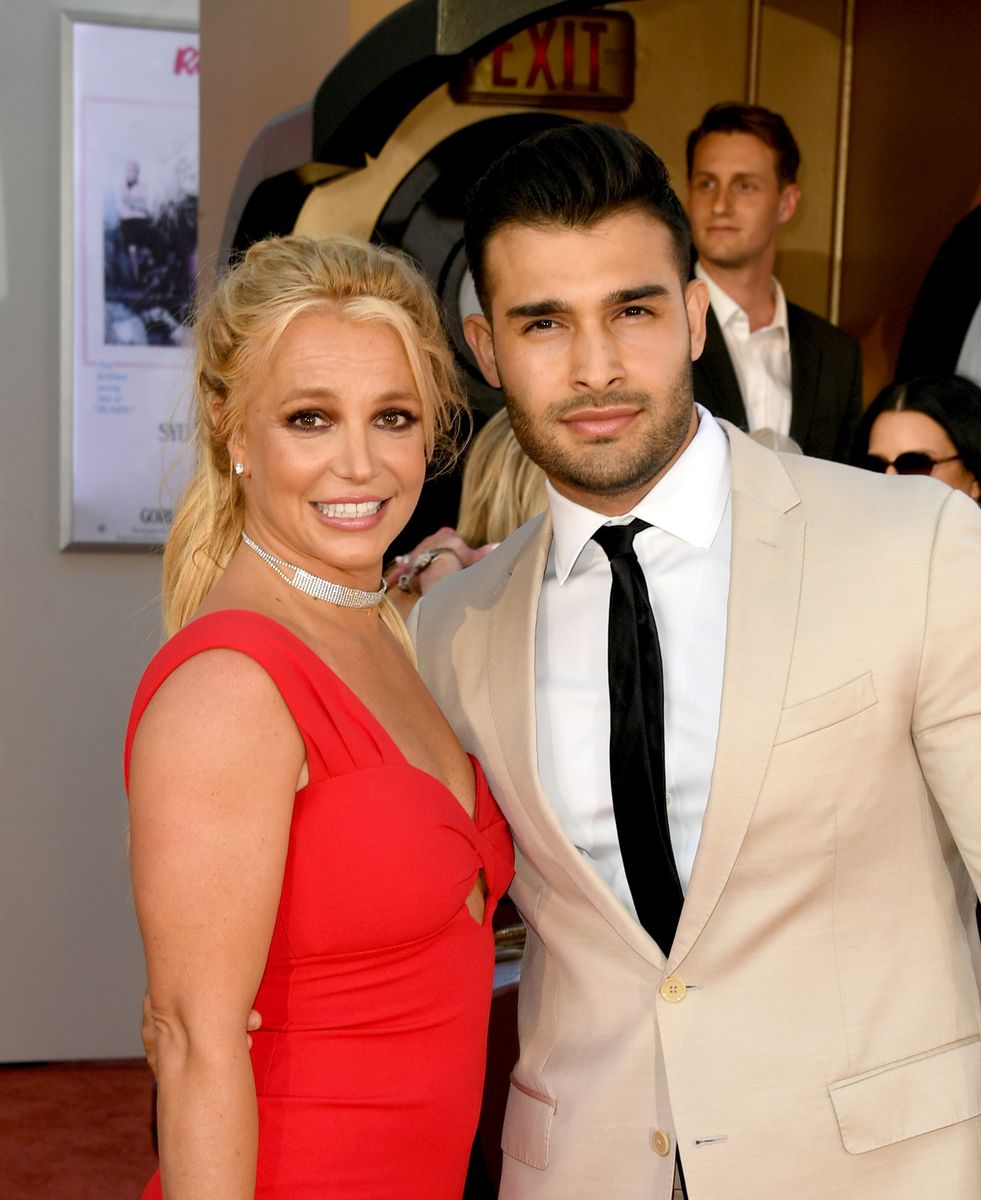 Britney Spears (L) and Sam Asghari arrive at the premiere of Sony Pictures' "One Upon A Time...In Hollywood" at the Chinese Theatre on July 22, 2019 in Hollywood, California. (Photo by Kevin Winter/Getty Images)