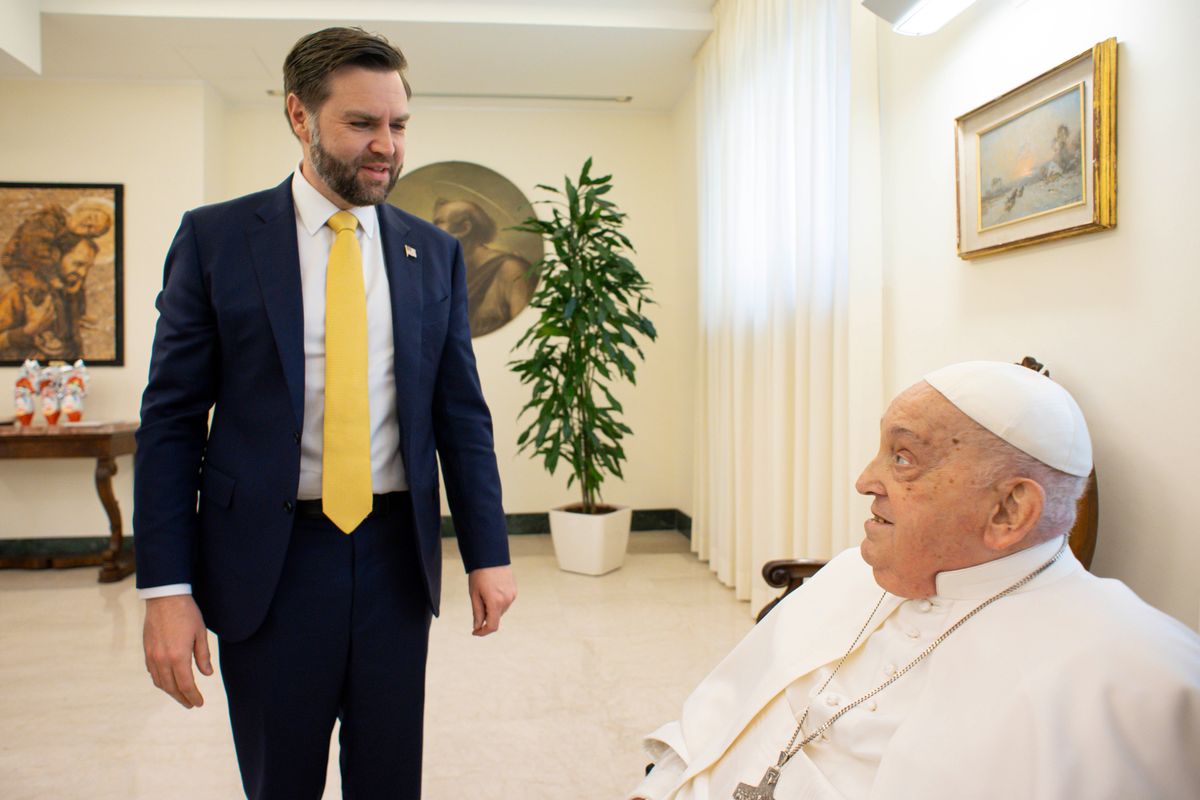 Pope Francis  meets with U.S. Vice President JD Vance and delegation during an audience at Casa Santa Marta on April 20, 2025 in Vatican City