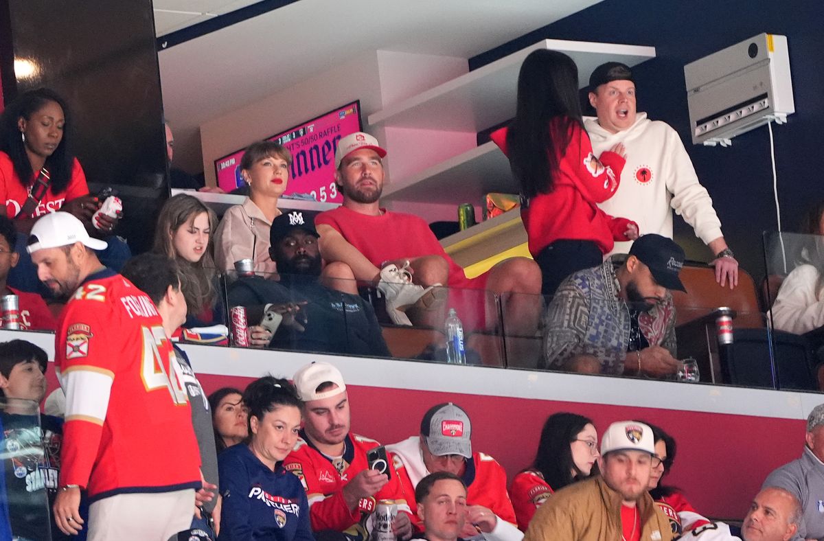 NFL player Travis Kelce and singer Taylor Swift are seen during the third period of Game Four of the 2025 Stanley Cup Final between the Edmonton Oilers and the Florida Panthers at Amerant Bank Arena on June 12, 2025 in Sunrise, Florida. (Photo by Brian Babineau/NHLI via Getty Images)