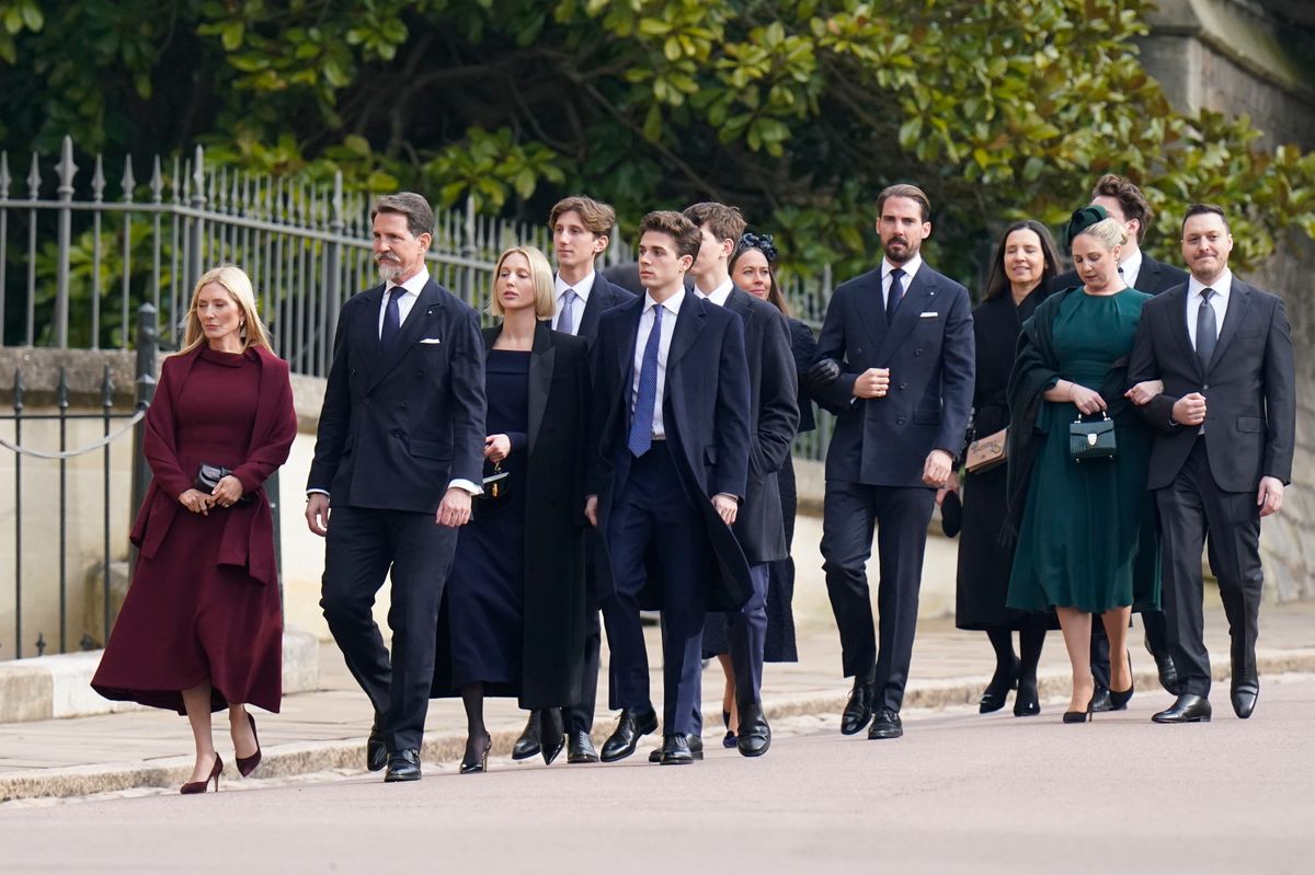 WINDSOR, ENGLAND - FEBRUARY 27: Prince Pavlos, Crown Prince of Greece, Prince of Denmark RE, and Marie-Chantal, Crown Princess of Greece, Princess of Denmark (both front), Princess Maria-Olympia of Greece and Denmark (3rdL), Princess Nina of Greece and Denmark and Prince Philippos of Greece and Denmark (5thR) attend the Thanksgiving Service for King Constantine of the Hellenes at St George's Chapel on February 27, 2024 in Windsor, England. Constantine II, Head of the Royal House of Greece, reigned as the last King of the Hellenes from 6 March 1964 to 1 June 1973, and died in Athens at the age of 82. (Photo by Andrew Matthews - WPA Pool/Getty Images)
