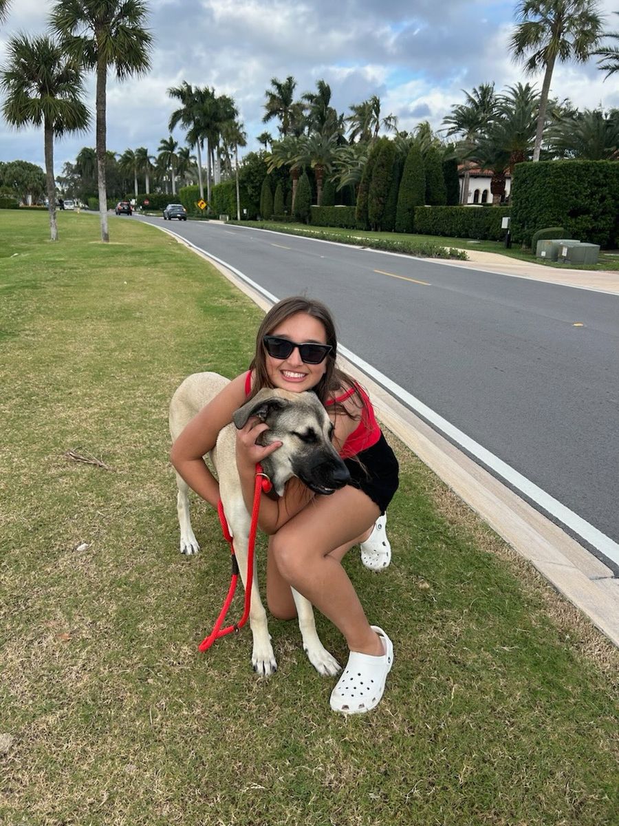 A tender, candid snapshot catches Arabella sharing a sweet kiss with the family dog during a sunny walk through their Florida neighborhood.