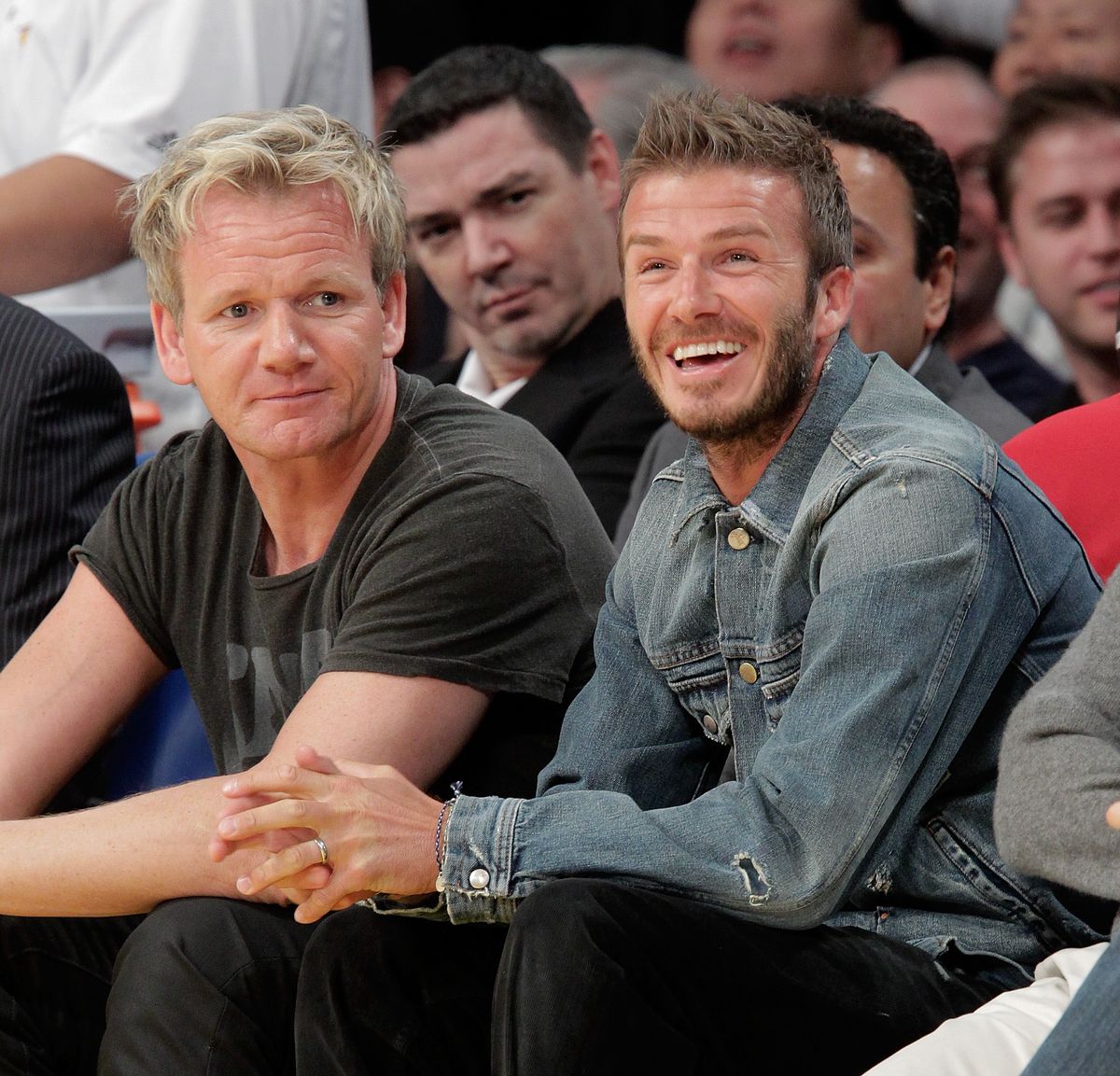 Gordon Ramsay and David Beckham attend a game between the Portland Trail Blazers and the Los Angeles Lakers at Staples Center 