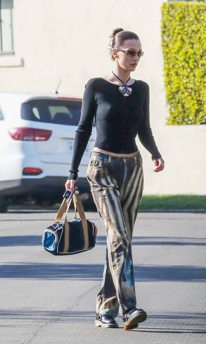 Bella Hadid Steps Out in LA in Tie-Dyed Denim & Black Top
