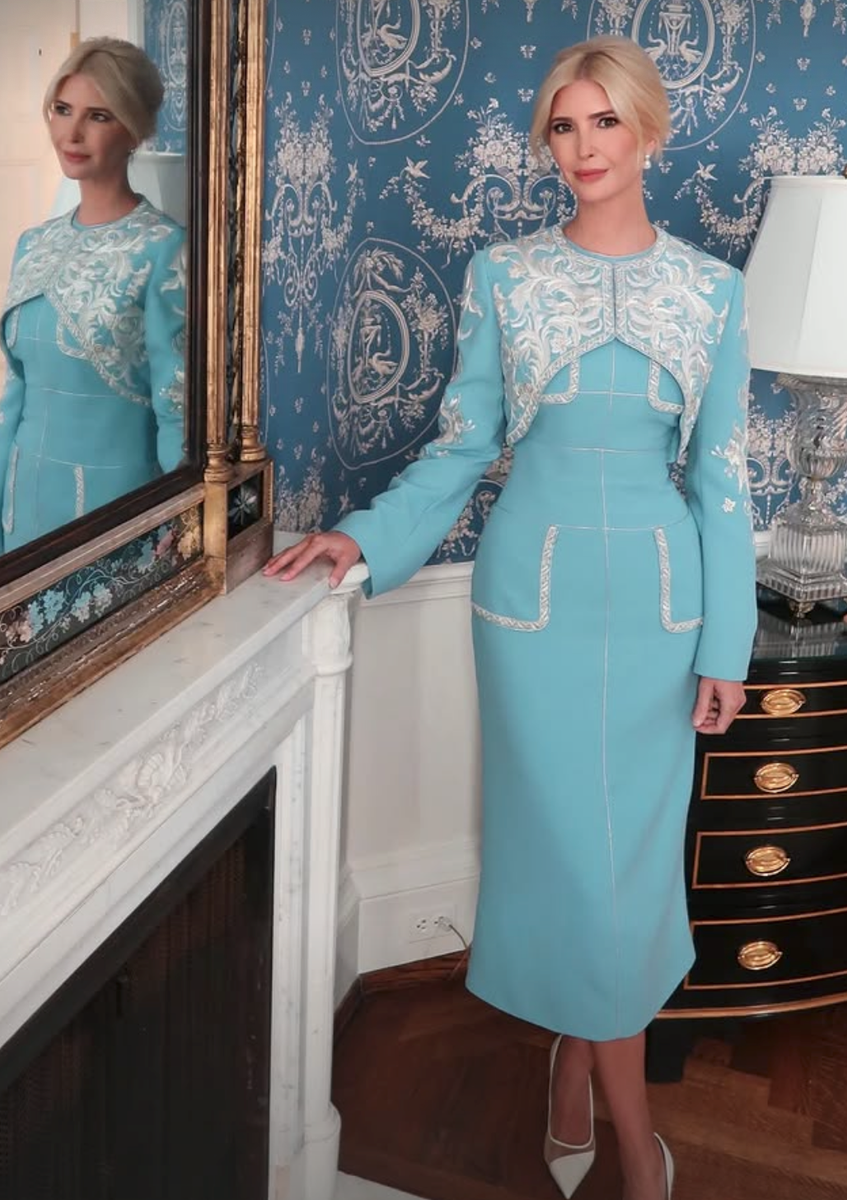 Ivanka’s daytime ensemble featured intricate white and silver embroidery, which she paired with pointed white heels and pearl drop earrings.