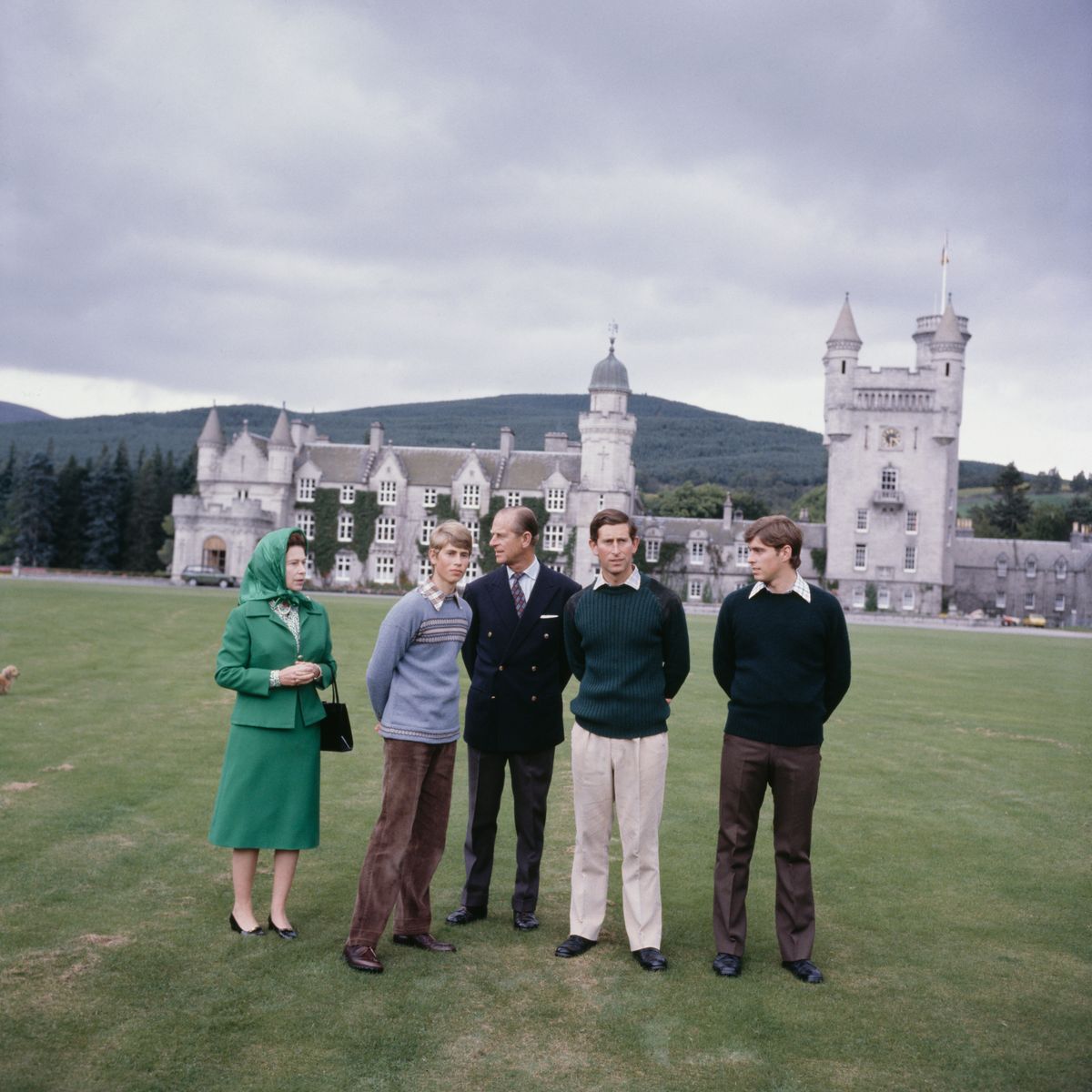 Queen Elizabeth II with Prince Philip, the Duke of Edinburgh (1921 - 2021) and their sons Prince Edward (second from left), Prince Charles (second from right) and Prince Andrew (right) in the grounds of Balmoral Castle in Scotland, UK, 20th September 1979. 
