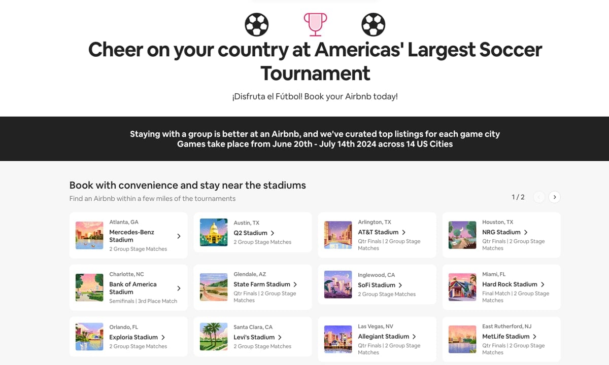 Airbnb feature to search for accommodation near the stadiums