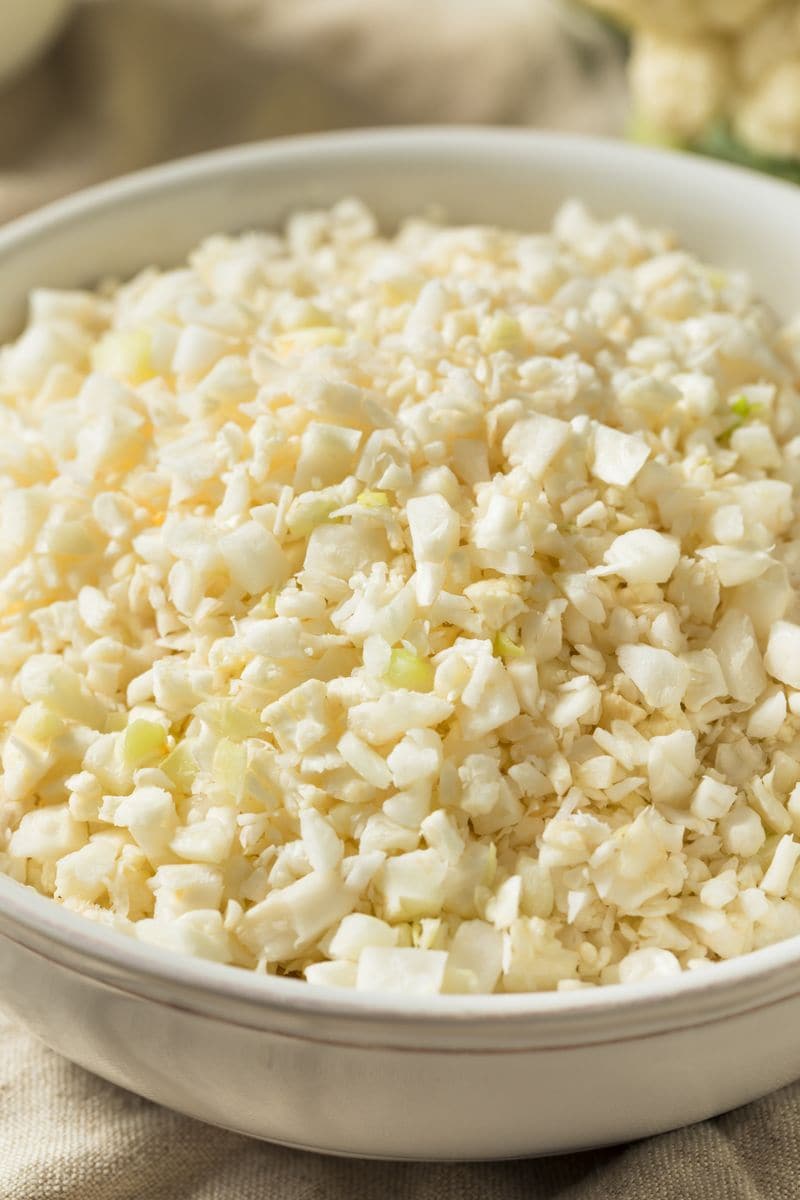 Homemade Organic Raw Cauliflower Rice in a Bowl