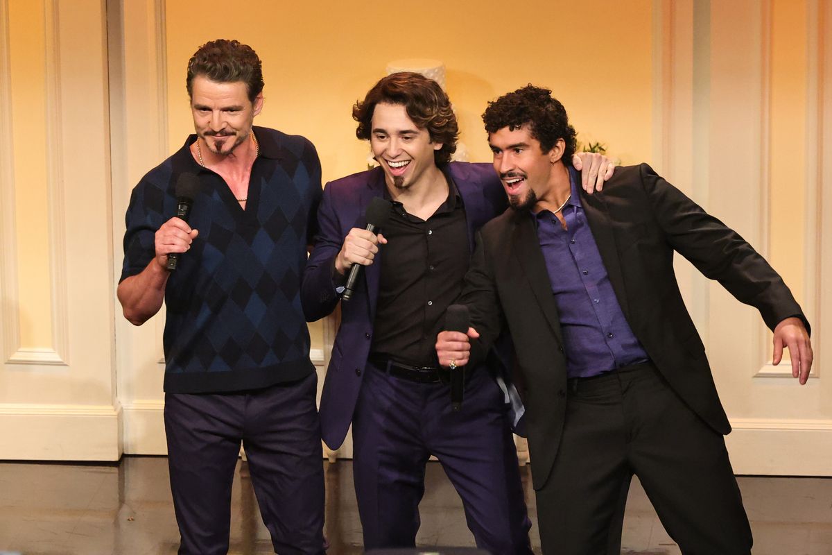 (l-r) Pedro Pascal as Renaldo, Marcello Hernandez as Domingo, and Bad Bunny as Santiago during the âDomingo: Vow Renewalâ sketch on February 16, 2025 -- (Photo by: Theo Wargo/NBC via Getty Images)
