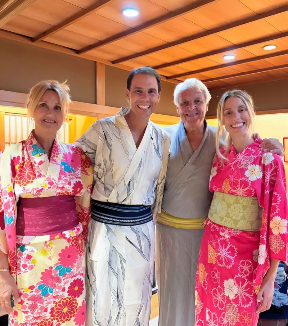 Rafa Nadal is all smiles in a kimono during a family getaway to Japan