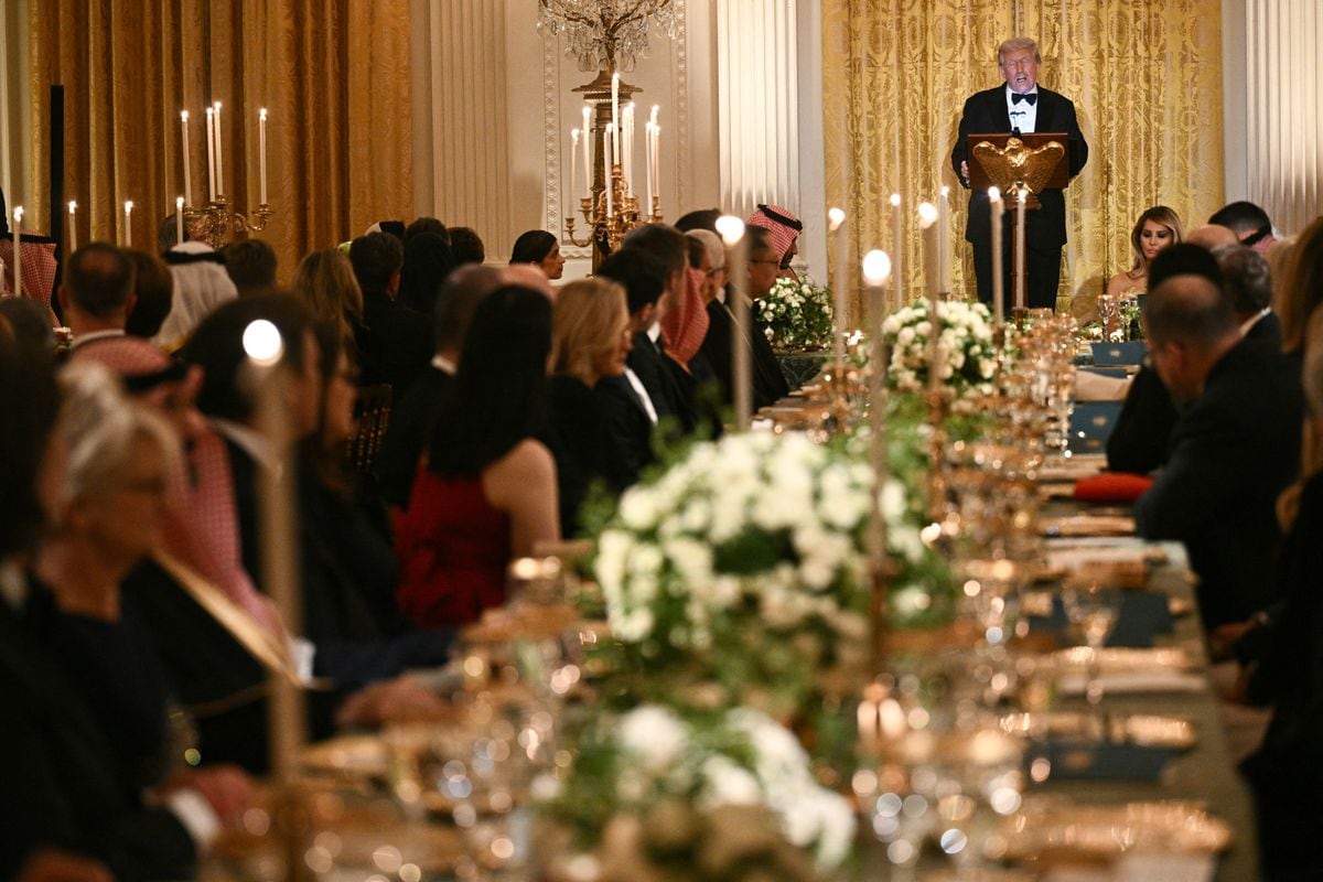 Donald Trump speaks during an official dinner with  Crown Prince and Prime Minister of the Kingdom of Saudi Arabia Mohammed bin Salman 