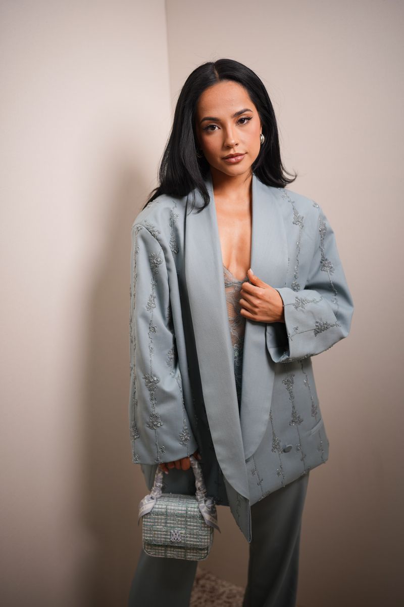 Becky G at the Amiri show as part of Paris Men's Fashion Week on June 26, 2025 in Paris, France. (Photo by Swan Gallet/WWD via Getty Images)