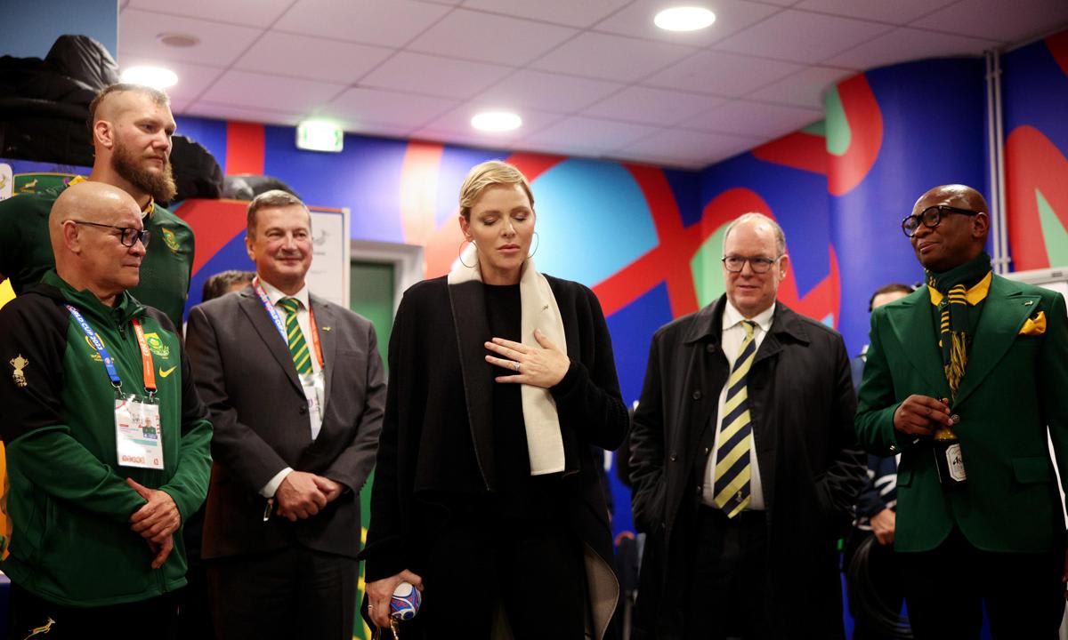 Princess Charlene and Prince Albert met with players in the locker room following South Africa's win.