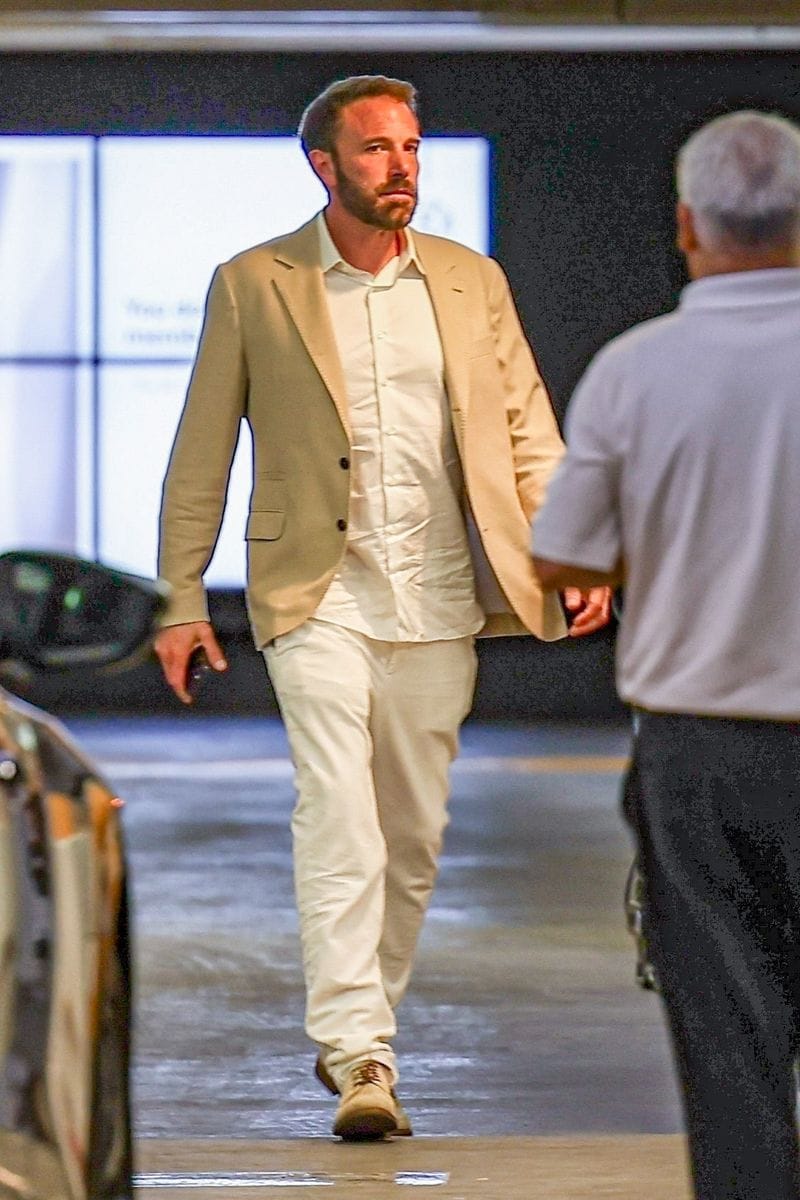 Photo © 2025 Backgrid/The Grosby Group   *EXCLUSIVE*  West Hollywood, July 24, 2025.  Ben Affleck was spotted walking and chatting closely with Luciana Barroso, wife of longtime friend Matt Damon, as the pair made their way to Soho House in West Hollywood. Ben was seen looking sharp in a cream blazer and white slacks amid ex Jlo's release of Wreckage of You, about their relationship, while Luciana kept things elegant in a black button-down and wide-leg trousers. The two were se
