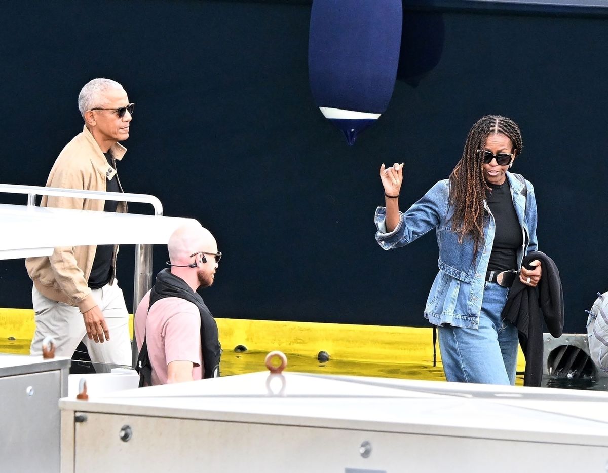 Former US President Barack Obama and his wife, former First Lady Michelle Obama, depart Steven Spielberg's yacht after a three-day vacation in Portofino.