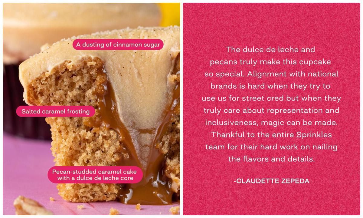 La Gloria cupcake is a caramel cake studded with pecans, a dulce de leche core, salted caramel frosting and topped with a dusting of cinnamon sugar.