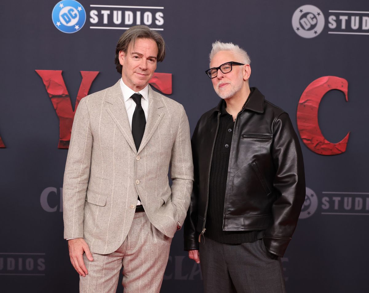 DC Studios co-chiefs Peter Safran and James Gunn attend the “Clayface” world premiere at Hollywood Legion Theater in Los Angeles on October 13, 2026.