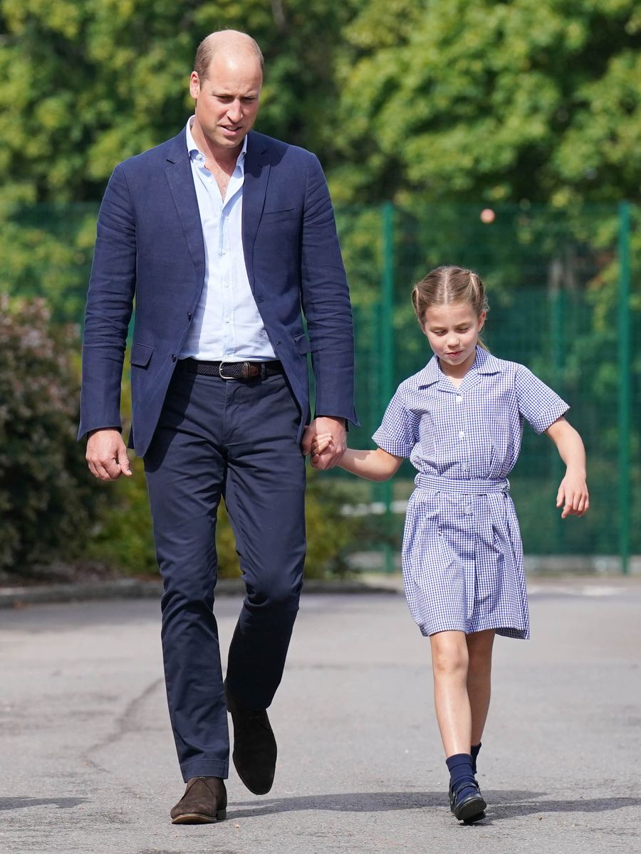 BRACKNELL, ENGLAND - SEPTEMBER 07: (EDITORS NOTE: Retransmission with alternate crop.) Princess Charlotte and Prince William, Duke of Cambridge arrive for a settling in afternoon at Lambrook School, near Ascot on September 7, 2022 in Bracknell, England. The family have set up home in Adelaide Cottage in Windsor's Home Park as their base after the Queen gave them permission to lease the four-bedroom Grade II listed home. (Photo by Jonathan Brady - Pool/Getty Images)