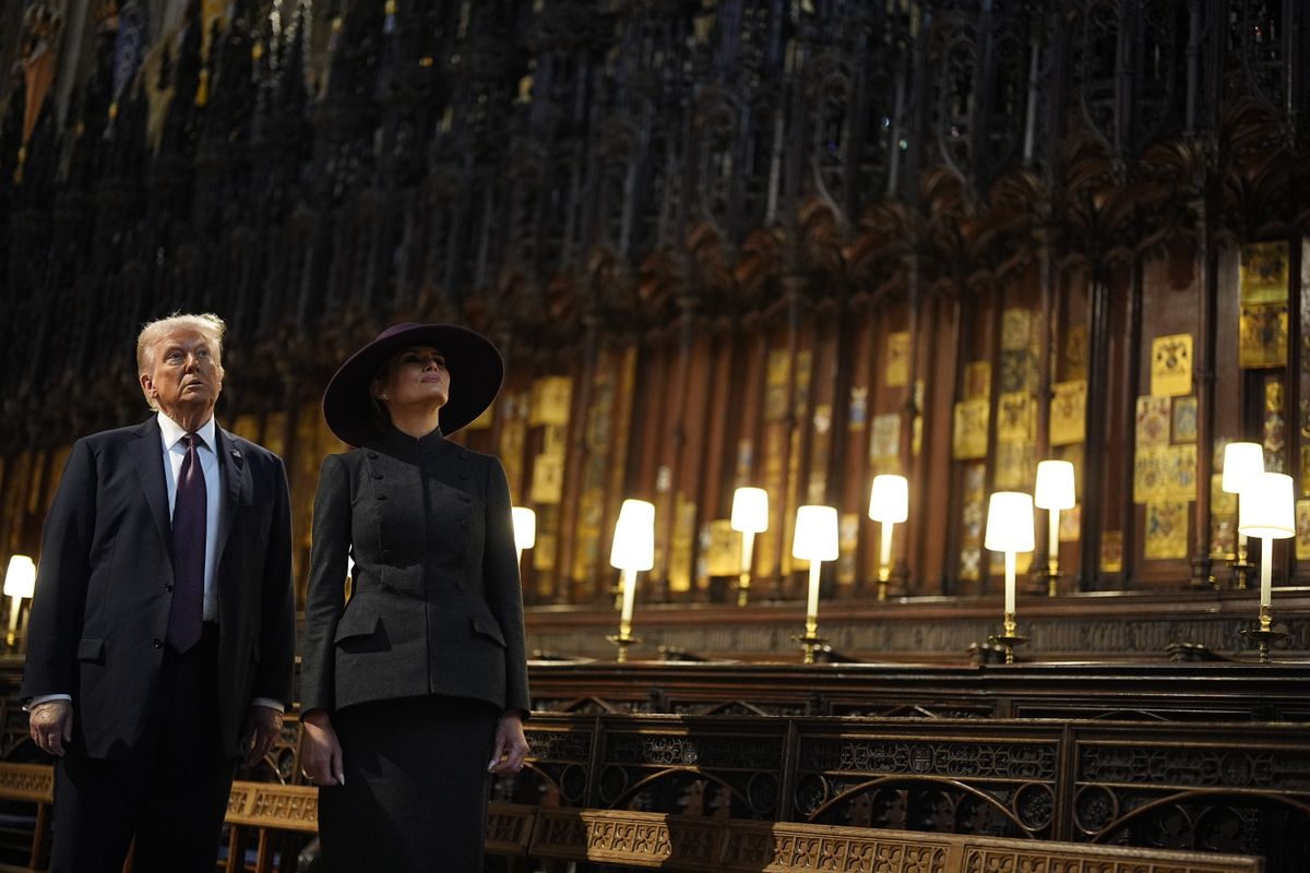 US President Donald Trump and First Lady Melania Trump during a visit to St George's Chapel at Windsor Castle, Berkshire, on day one of their second state visit to the UK. Picture date: Wednesday September 17, 2025.