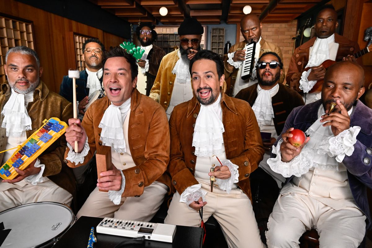  Host Jimmy Fallon, actor/songwriter Lin-Manuel Miranda, and The Roots during "Classroom Instruments" on Tuesday, August 5, 2025 -- (Photo by: Todd Owyoung/NBC via Getty Images)