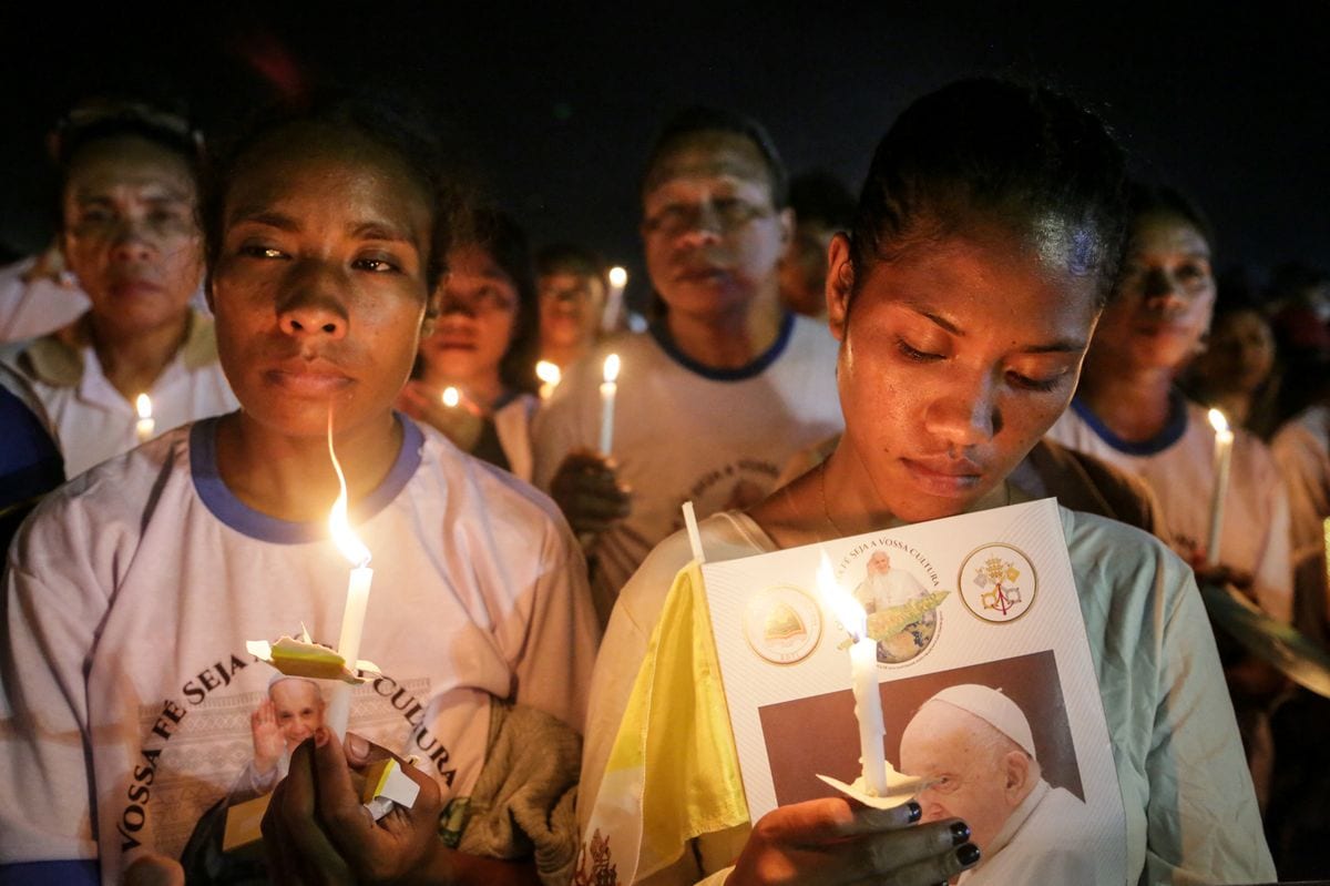 Catholic believers attend Pope Francis's requiem mass at the Esplanade of Tasitolu in Dili, East Timor, where he held a Mass in September last year, on April 26, 2025, as his funeral takes place in Vatican. 