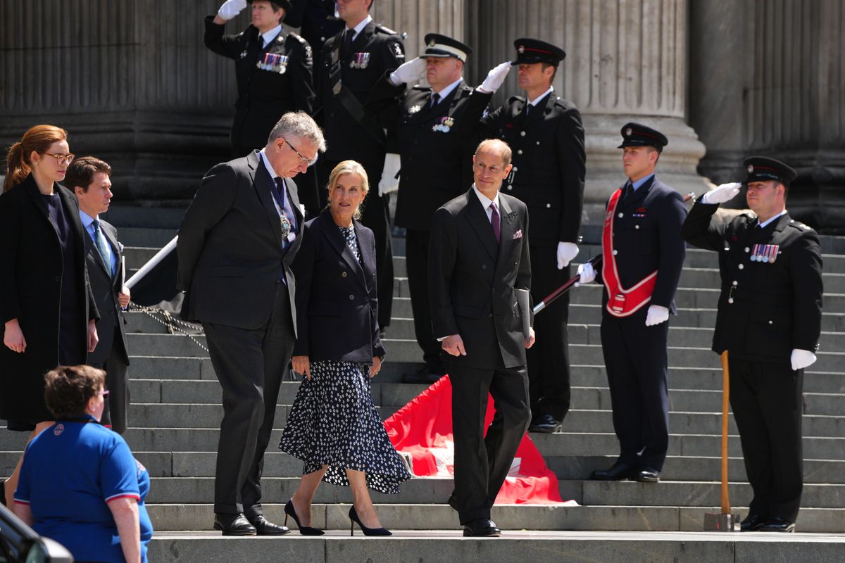 LONDON, ENGLAND - JULY 7:   Sophie, Duchess of Edinburgh and Prince Edward, Duke of Edinburgh depart St Paul's Cathedral following a memorial service to mark the 20th Anniversary of the 7/7 Terror Attacks on London, on July 7, 2025 in London, England. This year marks the 20th anniversary of the day four Islamist terrorist suicide bombers struck London's transport network in four coordinated attacks, killing 52 people and injuring over 770 others. (Photo by Carl Court/Getty Images)