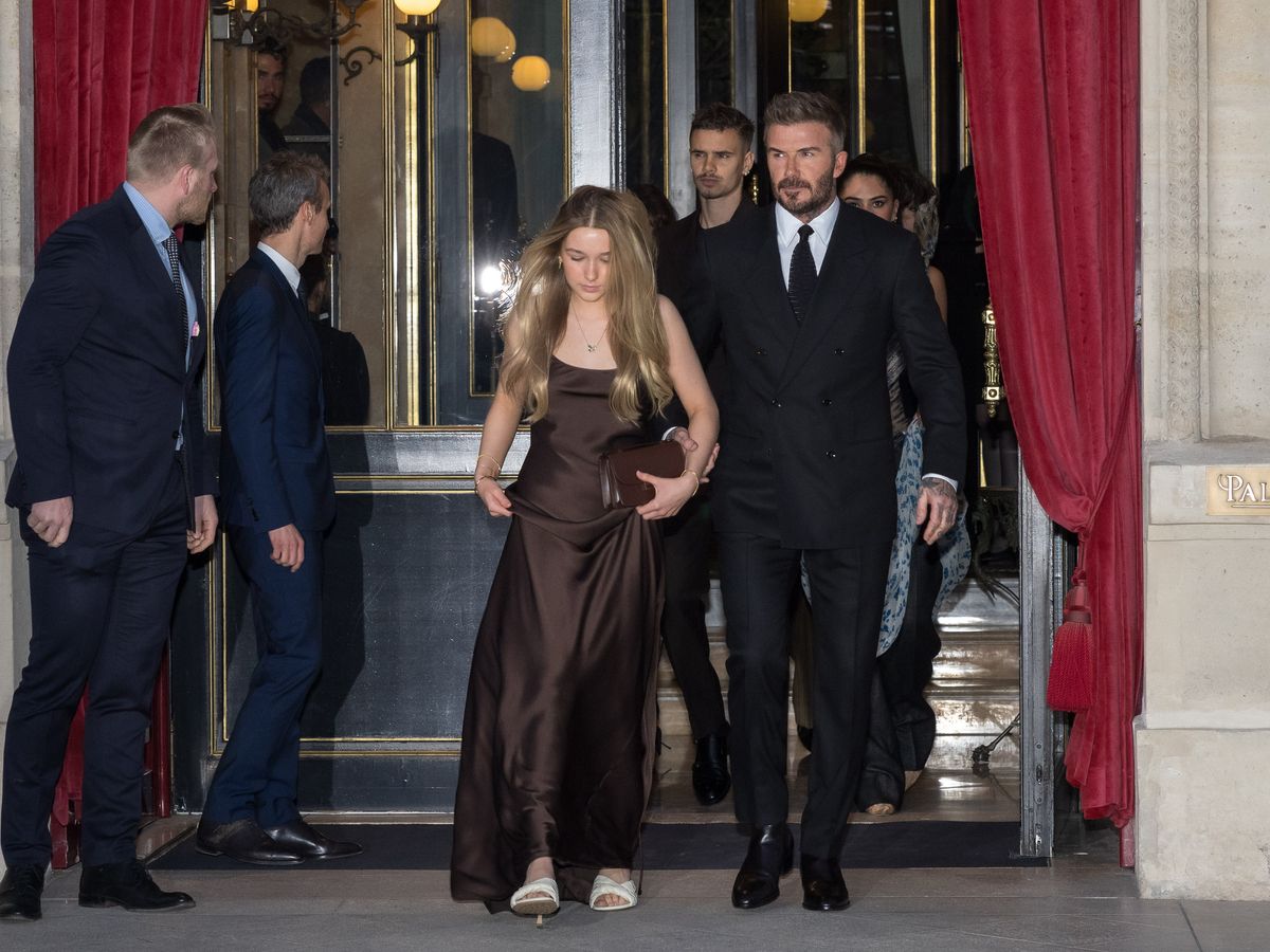 Harper Beckham and David Backham are seen during the Womenswear Fall/Winter 2025/2026 as part of Paris Fashion Week on March 07, 2025 in Paris, France. 