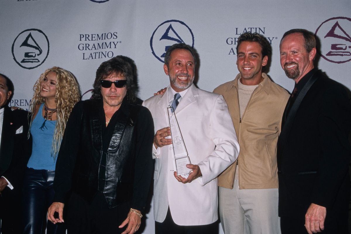 From left to right: Shakira, Jose Feliciano, Emilio Estefan, Carlos Ponce and Mike Greene American arts executive. 